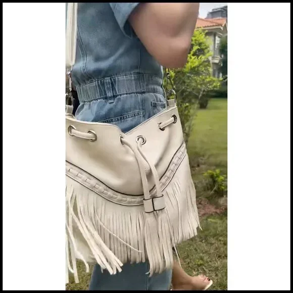 Vegan Leather Hobo Bag Fringe Tassel Western Boho Crossbody Shoulder Purse - Picture 7 of 7